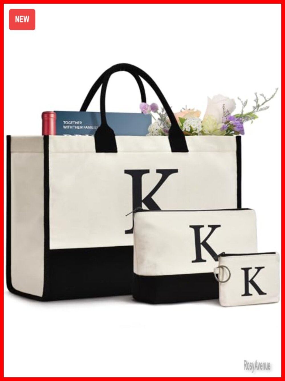 Canvas Tote Bag with Makeup Bag & Coin Purse Set Large Monogram Letter